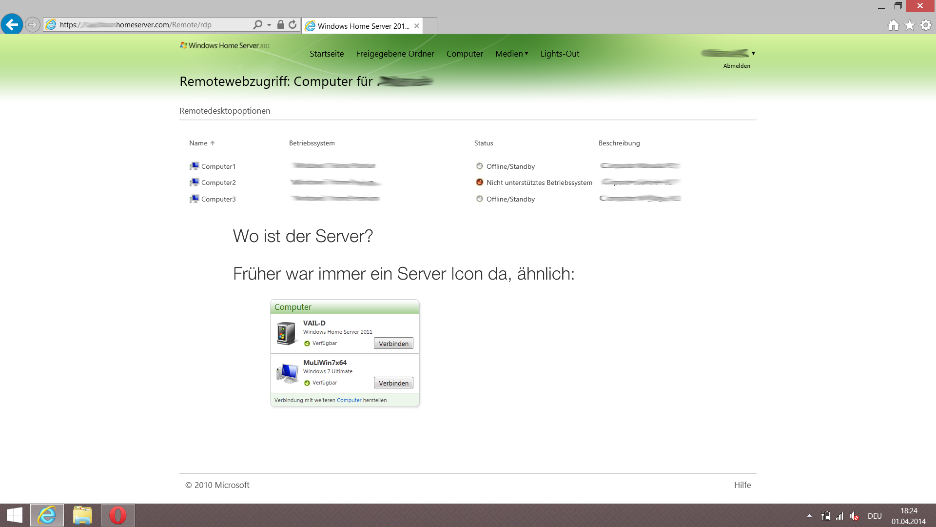 Windows Home Server 2011 Server Icon fehlt