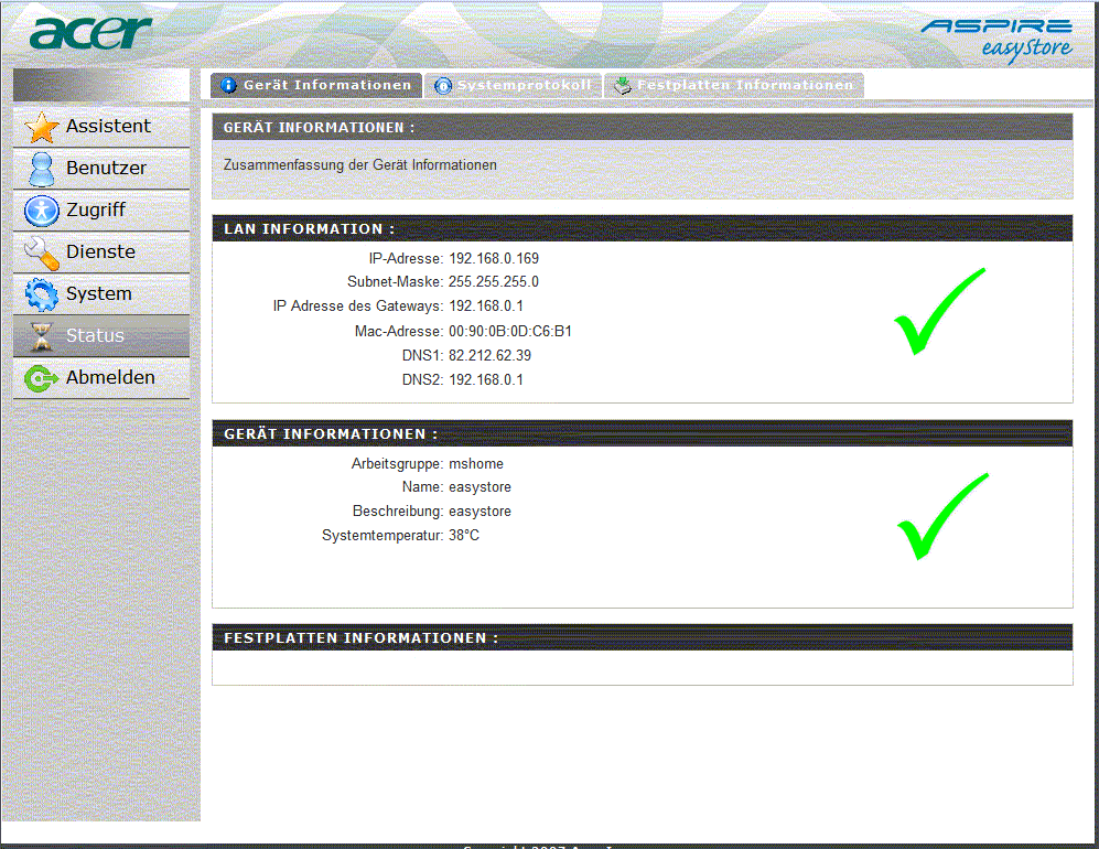 Mein Easystore-Status ohne Festplatten-Info