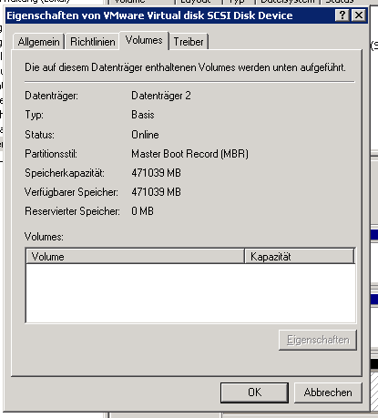 Screenshot Eigenschaften Volumes