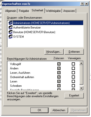 Screenshot Ordner-Berechtigungen C:\fs