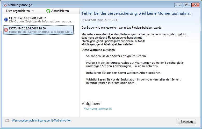 Fehler bei der Serversicherung, weil keine Momentaufnahme des Laufwerks erstellt werden konnte