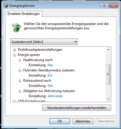 Windows Energieoptionen