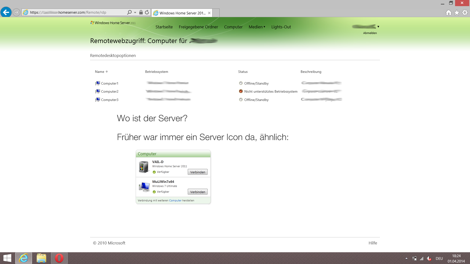 Windows Home Server 2011 Server Icon fehlt