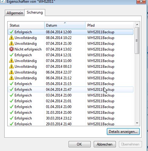 Übersicht Fehlegeschlagene Backups