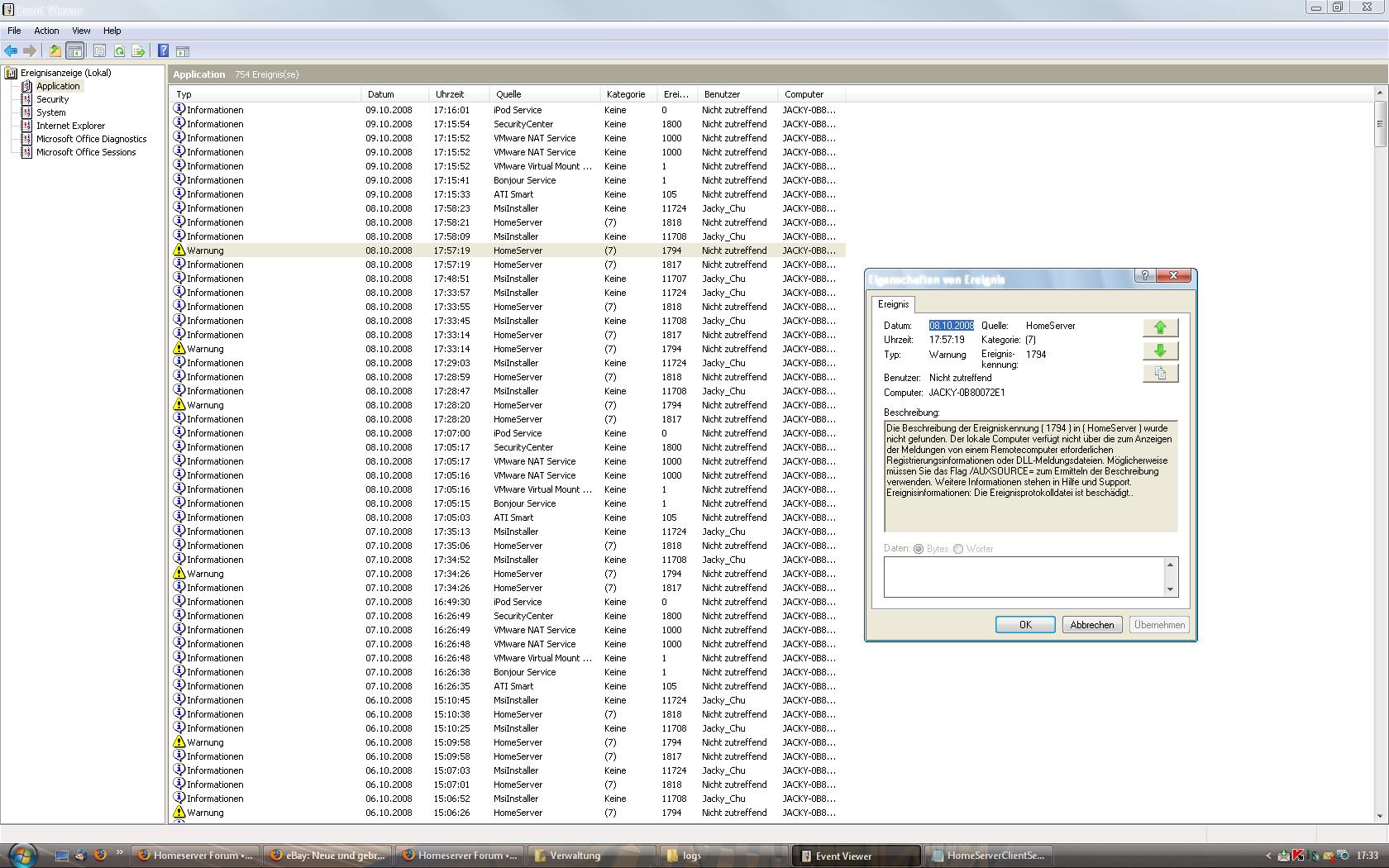 Log aus dem EventViewer PC