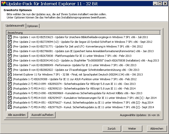 Updatepack für IE 11 2014 - Updateübersicht