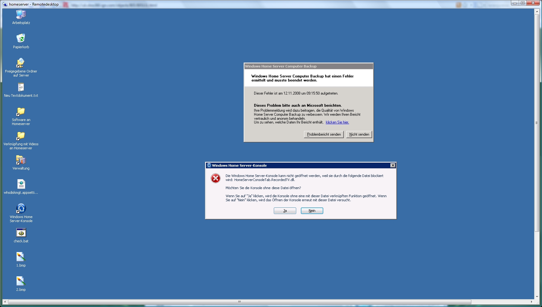 Screenshot  nach Neustart des WHS
