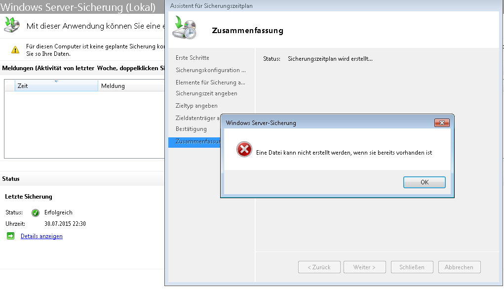 Fehlermeldung Serversicherung