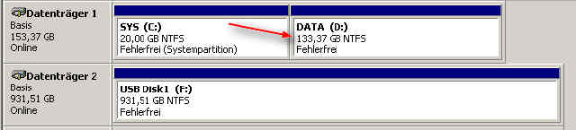Datenträgerverwaltung (da holt er die 133GB her)