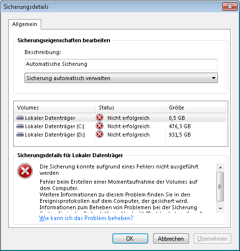 Fehler beim Erstellen einer Momentaufnahme der Volumes auf dem Computer