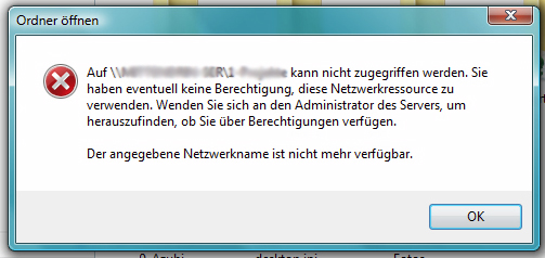 Dies ist die Fehlermeldung, welche beim Öffnen des Ordners erscheint.<br />Das von mir schraffierte ist \\{SERVERNAME}\{Freigegebener Ordner}