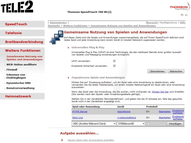 Das Auswahlfenster für upnp und für die Zuweisung einer Anwenfung (imDrop Down die vorkonfigurierten, siehe nächstes bild)