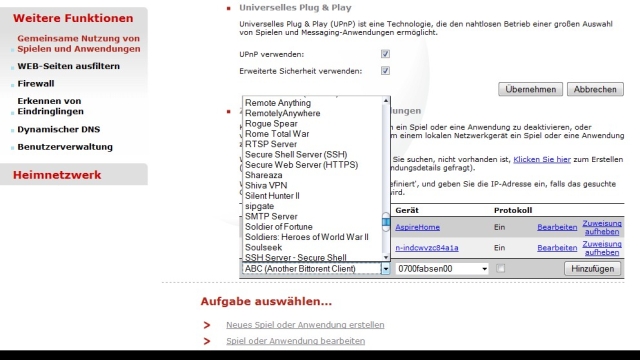 einige der Auswahlmöglichkeiten, dazu ist es auch möglich, eigene Anwendungen zu konfigurieren.