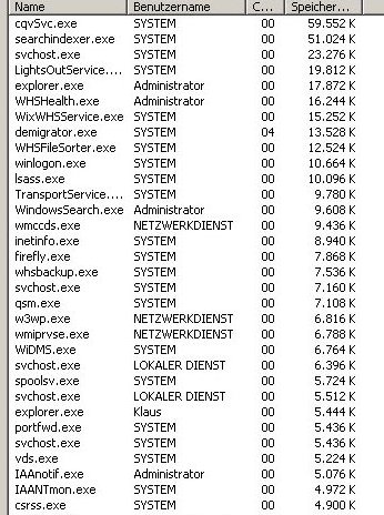 Screen mit allen Prozessen