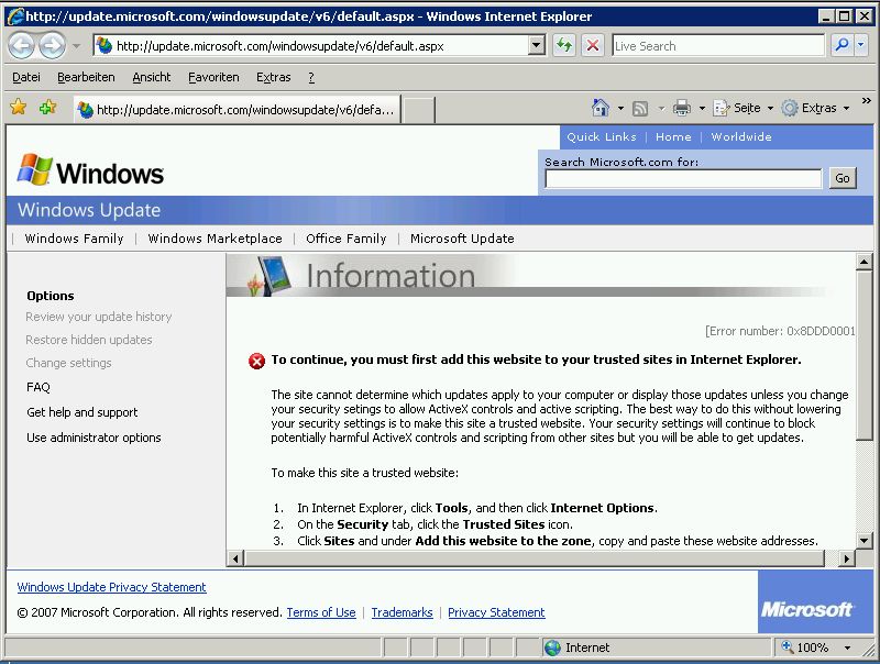 Screenshot Windows Update Fehler