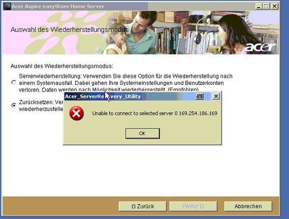 Fehlermeldung vom Bildschirm ab fotografiert.