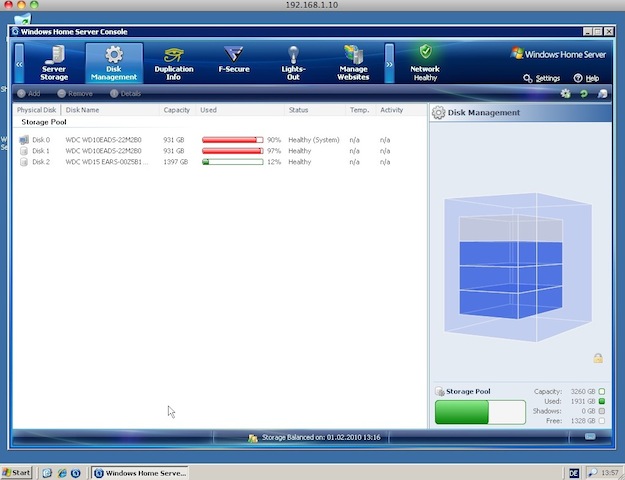 Screenshot - Datenverteilung auf meinem WHS