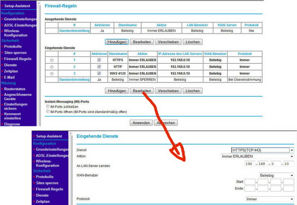 Bild 3. Portweiterleitungen (Firewall-Regeln). Beim Klick auf Bearbeiten erscheind das untere Fenster!