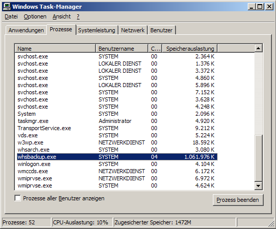 Der whsbackup-Prozess zieht sich über 1 GByte Speicher