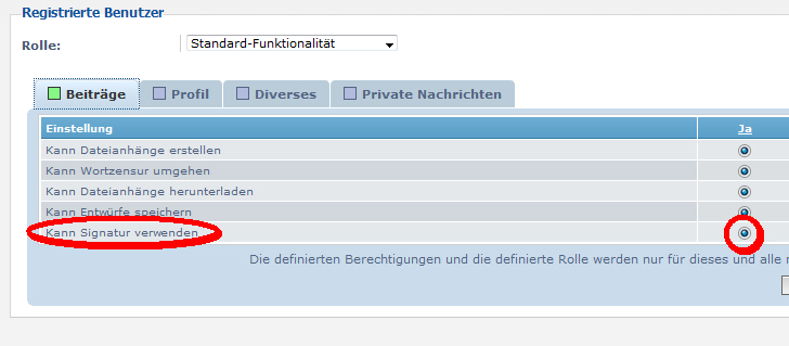 Benutzer und Gruppen --&gt; Gruppenrechte die Einstellungen kontrollieren