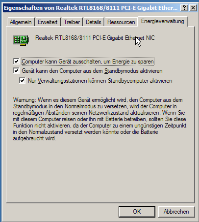 Netzwerkadapter/Realtek RTL 8168/8111 PCI-E GigaBit/Eigenschaften/Energieverwaltung