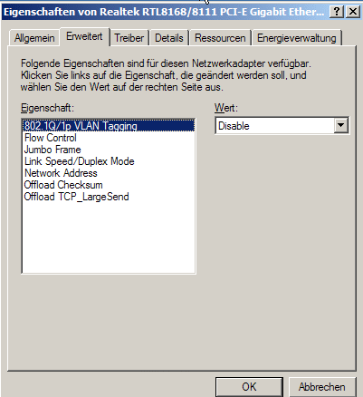 Netzwerkadapter/Realtek RTL 8168/8111 PCI-E GigaBit/Eigenschaften/Erweitert
