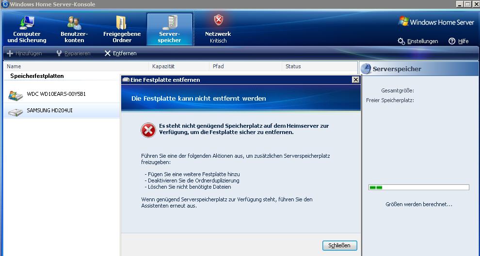 WHS Konsole Festplatte wird nicht erkannt