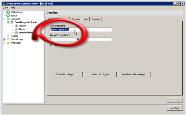 Festlegen und Speichern des Domänennamens