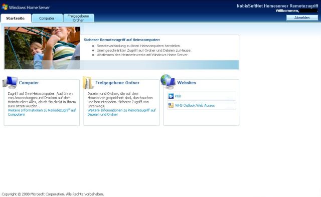 So sieht die Willkommenseite nach der WHS Outlook Installation aus...