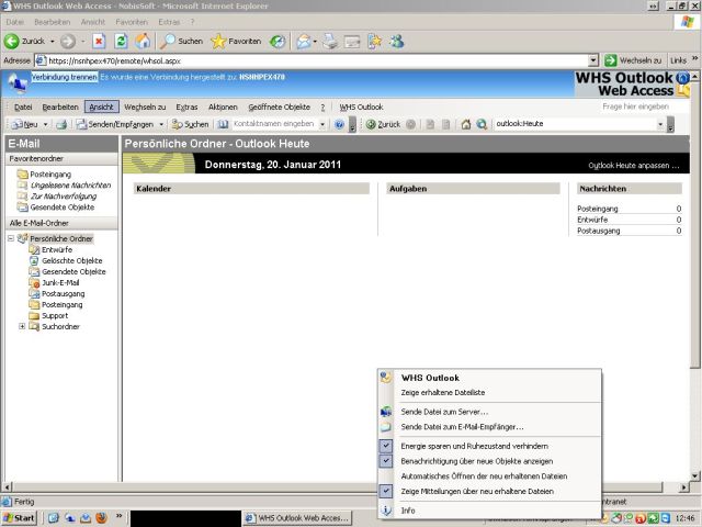 Nun kann man auf jedem Client Outlook auf dem WHS bedienen.