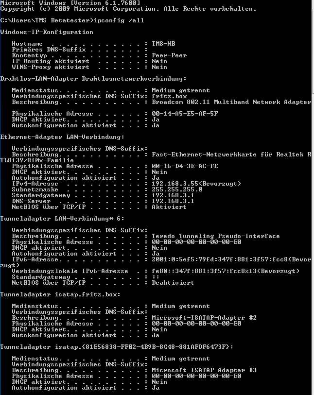 Screenshot &quot;ipconfig / all&quot; am Notebbok