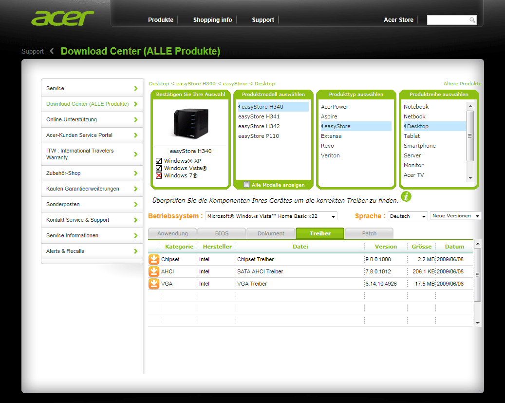 acer treiber support whs