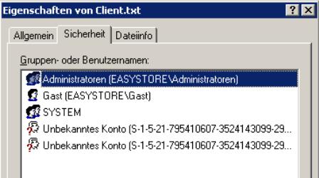 Eigenschaften/Sicherheit von Client.txt auf Server