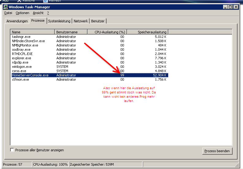 Also mann sieht es deutlich alle anderen Prozesse sind fast 0 nur WHS 99