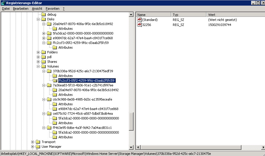 Volumen Eintrag Registry