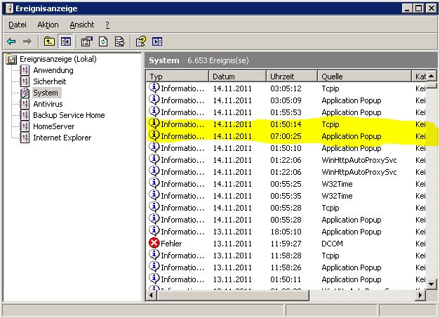 Am 14.11.2011 startet der Server um 7 Uhr und wird auf 1:50 zurückgestellt (gelb markiert). Die Zeilen darunter von 0:55 Uhr bis 1:50 Uhr sind korrekt.<br />Hier wird der Server jede Nacht für die externe Datensicherung gestartet.