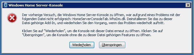 Fehlermeldung nach Installation des Download Manager Add-Ins (v. 3.3.1) beim Neustart der Home Server-Konsole