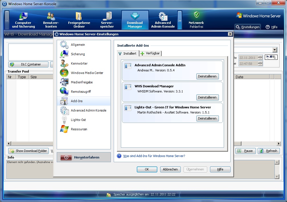 Home Server-Konsole nach Installation Download Manager Add-In (v. 3.3.1)