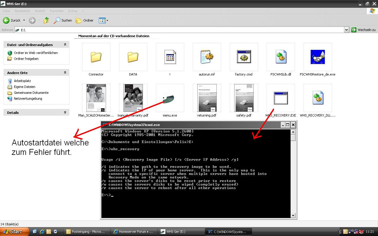 Screenshot der &quot;WHS_RECOVERY.EXE&quot; und der Inhalt der &quot;SCALEO Home Server Recovery CD Nr. 3&quot;