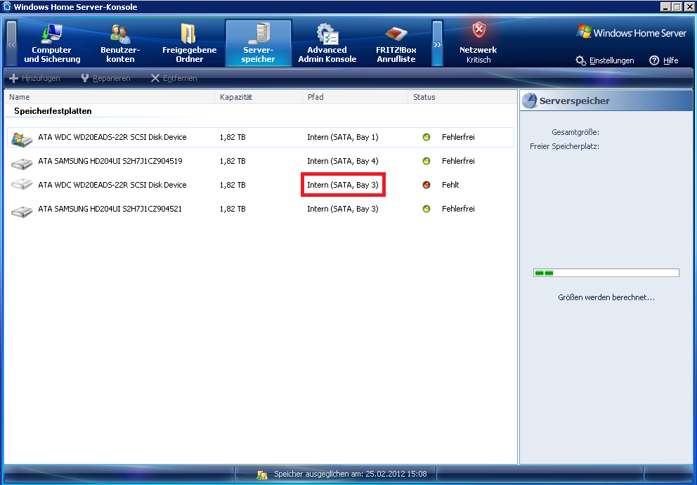 Screenshot der Windows Home Server Konsole