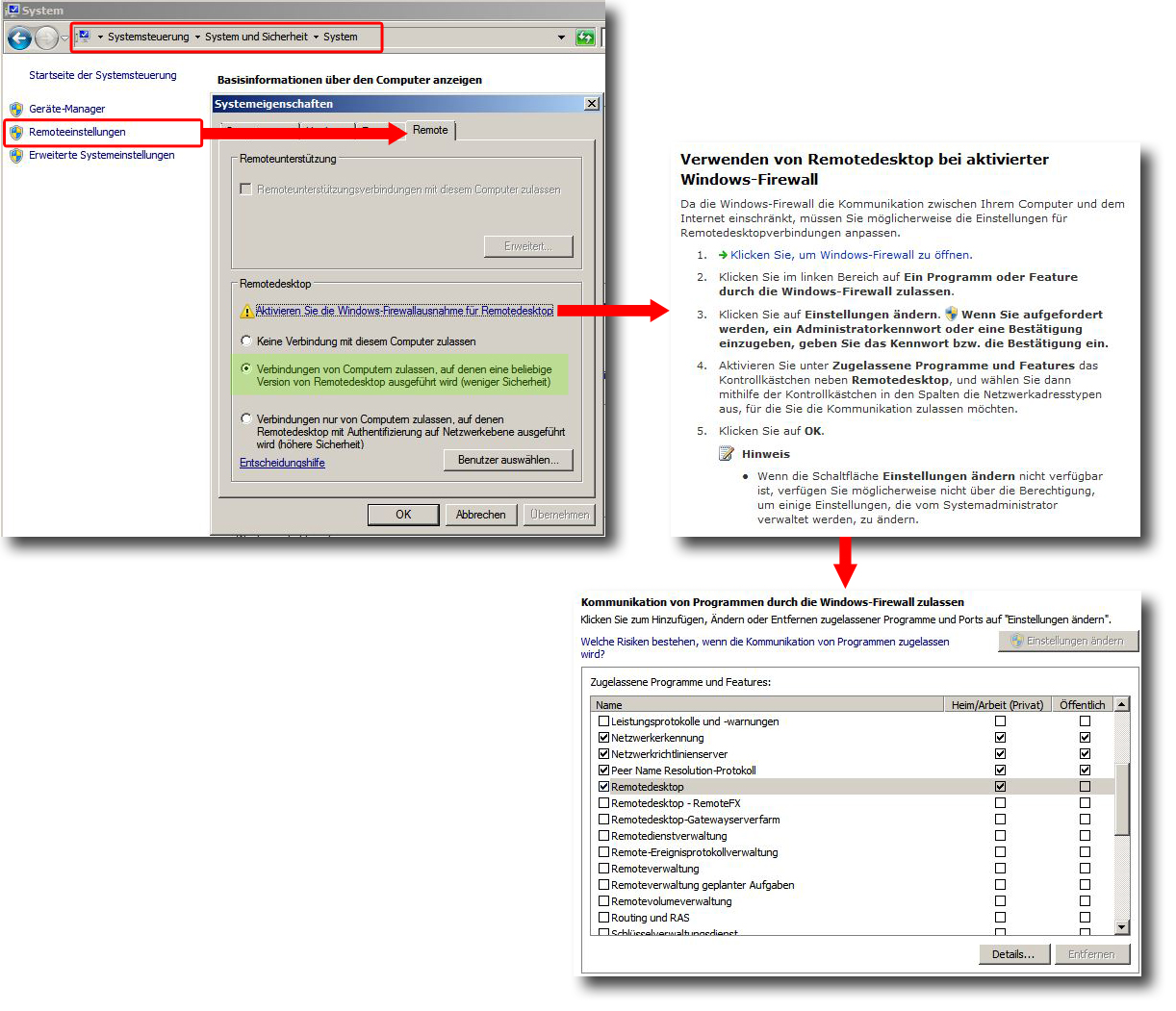 Einstellung Windows Firewall für Remotedesktopverbindung