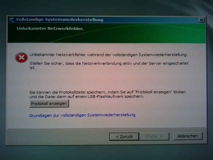 Fehlermeldung nach ca. 70-80% des Rücksicherungsvorganges