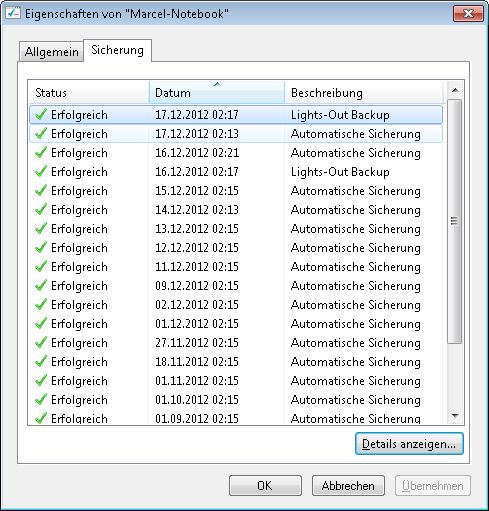 Sicherungsübersicht Client 1
