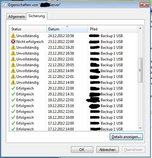 Auszug aus der Liste der Server-Backups