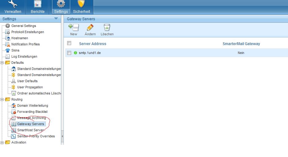 Hier wird das SMTP Gateways eingetragen